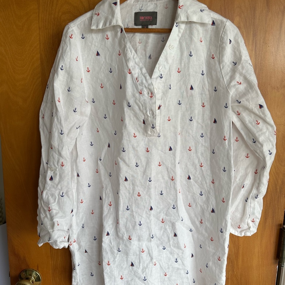 For Cynthia White Linen Shirt with Red and Navy Anchor Print
